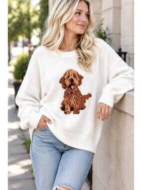 Curly Puppy Dog Graphic Oversized Knit Sweater Round Neck Long Sleeve Pullover